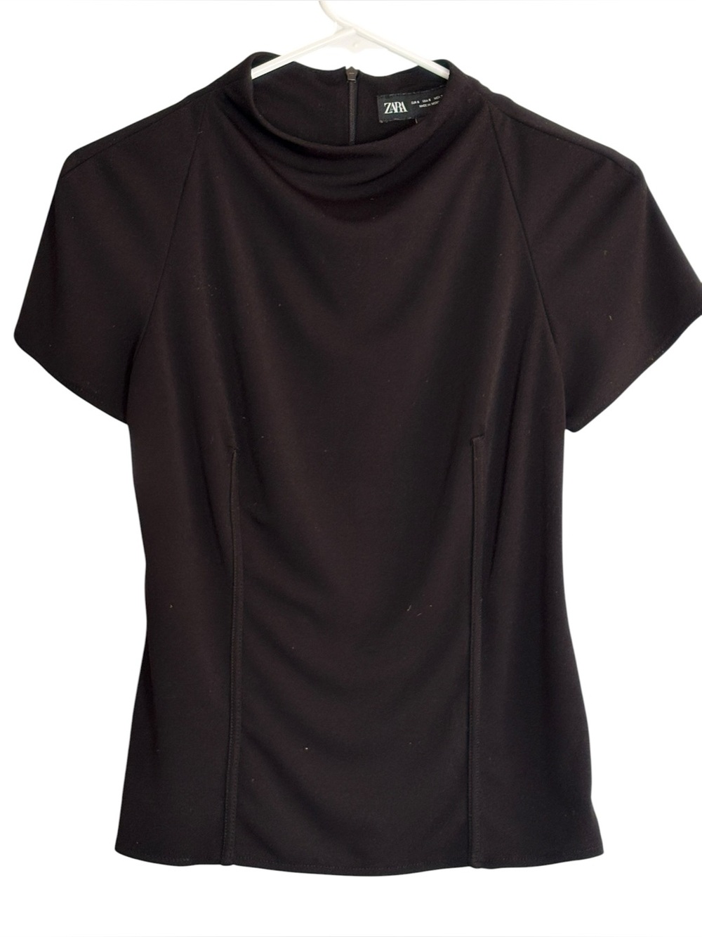 Zara Black Mock Neck Structured Short Sleeve Top Blouse Size Small